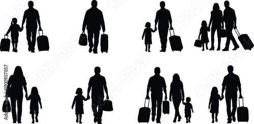 Silhouetted travelers walking with luggage in airport setting, families and individuals journeying together, representing travel, movement, companionship, and transit lifestyle