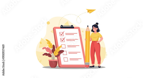 Young woman successfully completing items on a large checklist next to a giant pencil