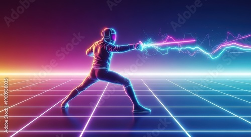 Fencer with glowing neon sword in futuristic grid landscape, digital art