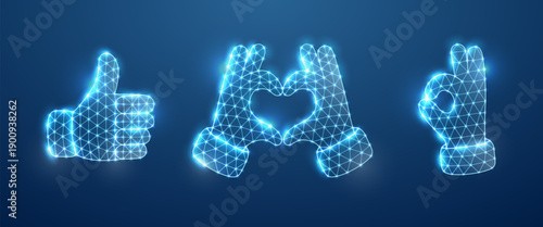 Three glowing hand gestures in wireframe mesh: thumbs up, heart sign, and OK sign. Blue digital polygonal neon design