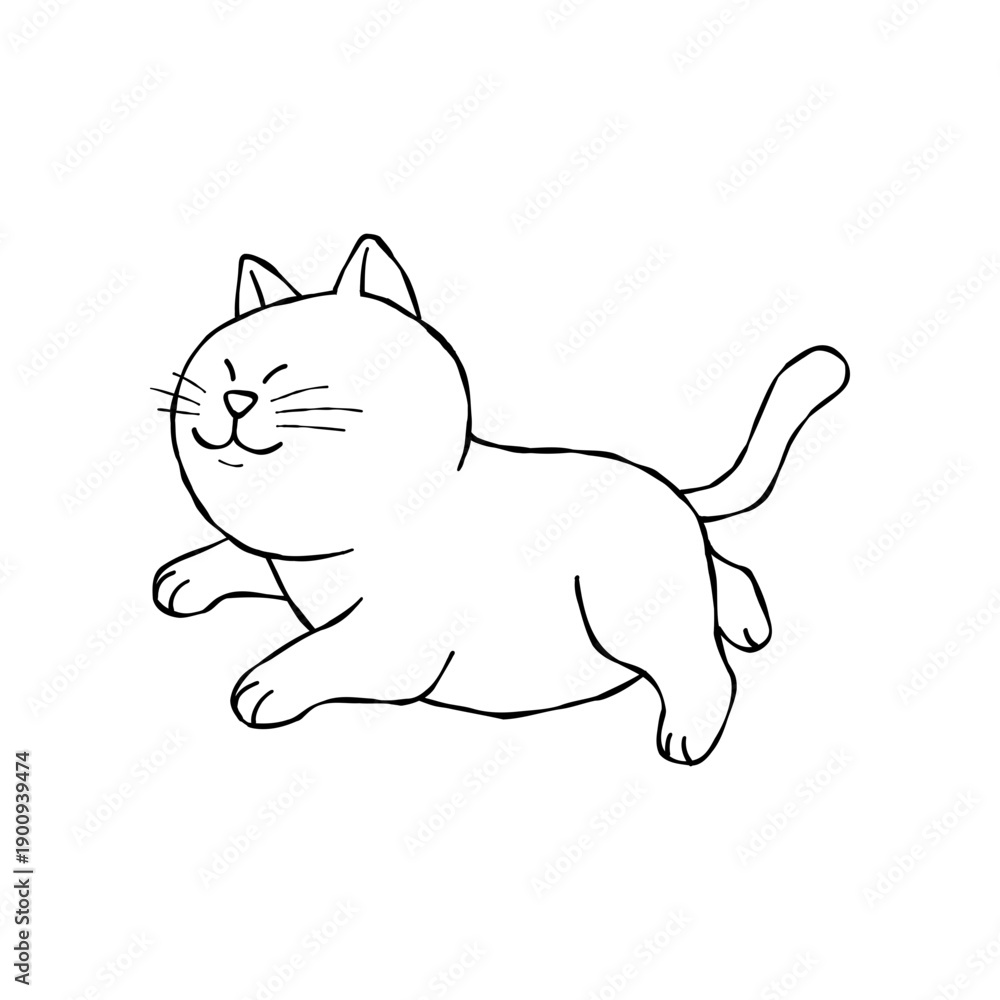 Obraz premium Cute cat running playfully, smiling face. Simple black and white hand-drawn doodle illustration