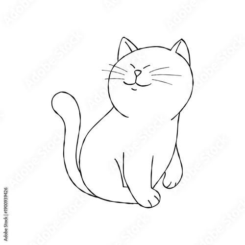 ute chubby cat sitting calmly with a happy face. Simple black and white hand-drawn doodle style