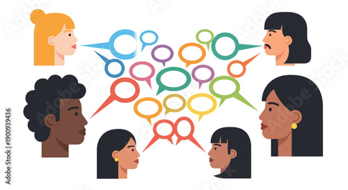 Illustration of diverse people communicating in multiple languages, representing Linguistic Diversity and Global Communication through speech bubbles, symbolizing Language Equality and