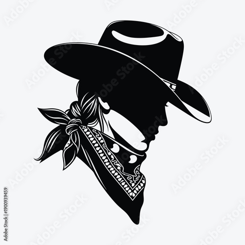 Black and white of a cowboy wearing a hat and bandana western silhouette
