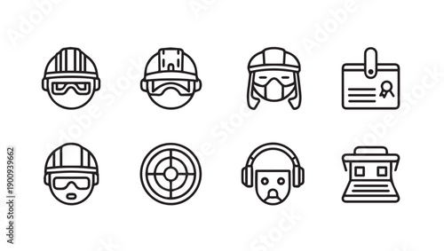 Worker Safety Gear Icons: Hard Hats, Goggles, Respirator, Badge, Target, Headphones, Lamp
