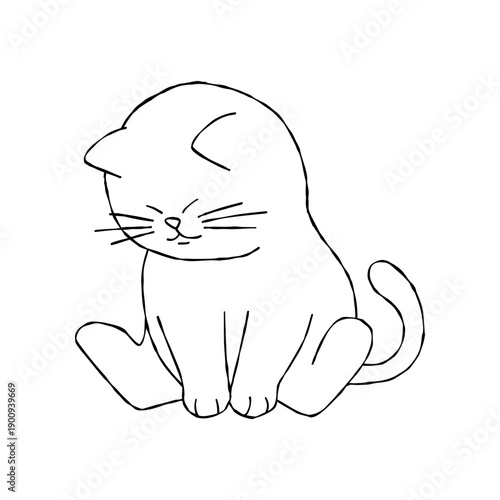 Cute chubby cat sitting shyly with head down. Simple black and white hand-drawn doodle illustration