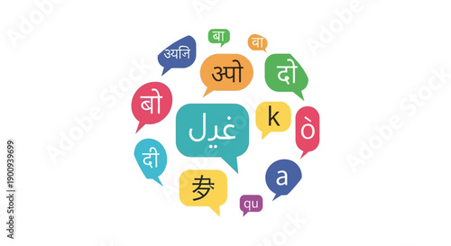 A colorful arrangement of speech bubbles in various languages, symbolizing linguistic diversity and global communication on a clean white background.
