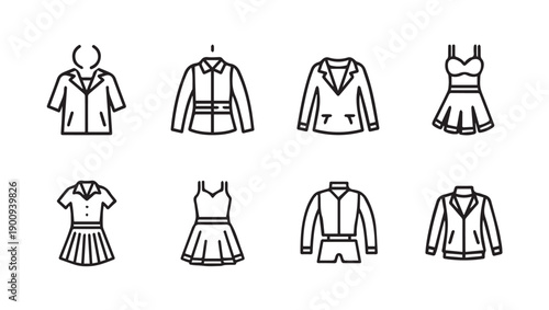 Clothing Icons Set: Jackets, Dresses, and Outfits Vector Graphics