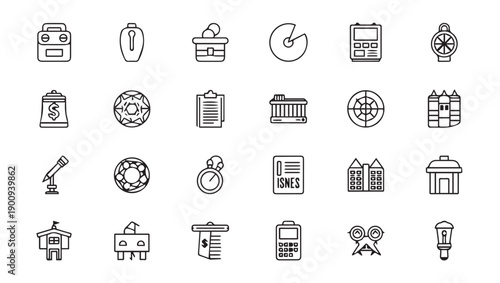 Collection of 24 Outline Icons Representing Various Concepts and Objects