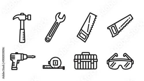 Collection of Construction Tools Icons: Hammer, Wrench, Saws, Drill, Tape Measure, Toolbox, Goggles
