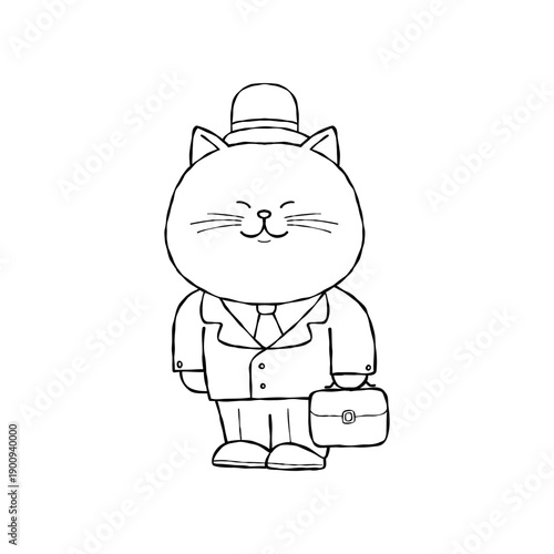 Cartoon cat business suit briefcase office line art cute bowler hat character smiling outline doodle simple monochrome