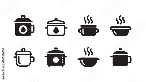 Cooking Pots Icons Set Flat Black and White Simple Kitchenware Symbols