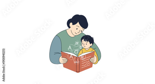 Illustration of a man reading a book with a child, promoting Literacy Development and Language Awareness in a heartwarming scene of Bilingual Learning and Cultural Heritage.