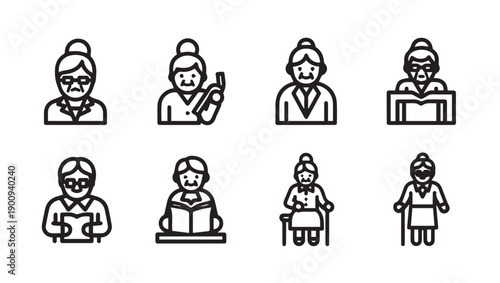 Elderly Women Icons Set: Reading, Talking, Sitting, Standing, Stock Graphics