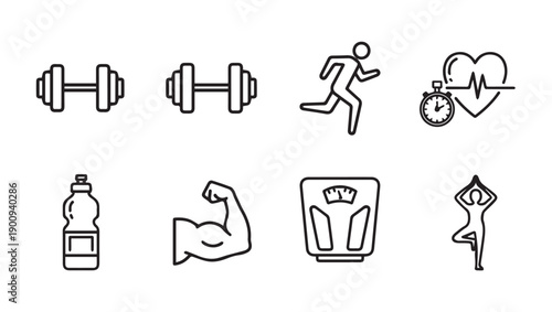 Fitness Icons Set: Dumbbells, Running, Heart Rate, Water Bottle, Bicep, Scale, Yoga Pose