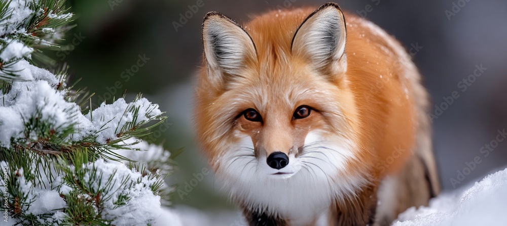 Fototapeta premium Elegant Red Fox Wandering Through a Snowy Forest in a Beautiful Winter Landscape Adventure.