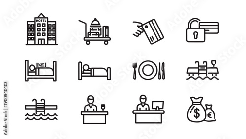 Hotel Service Icons Set: Building, Luggage, Payment, Bed, Dining, Pool, Reception, Money