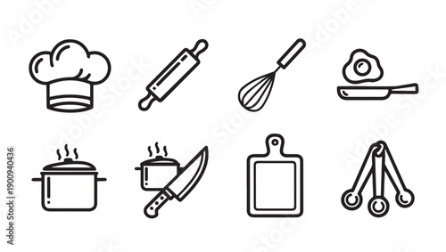 Kitchen Cooking Utensils Icons Set Chef Hat Whisk Rolling Pin Pot Knife Board