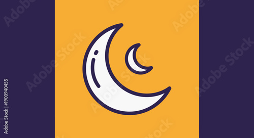 Two crescent moons vector graphic with bold outlines on a vibrant orange and deep purple background symbolizing islamic traditions and night sky