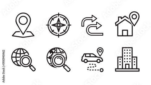 Location Navigation Icons: Map Pins, Compass, Route, House, Globe, Car, City Buildings