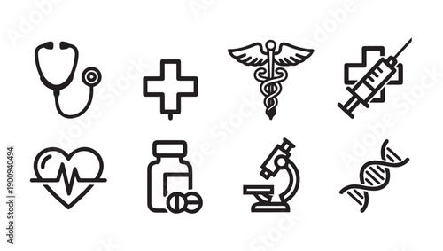 Medical Icons Collection: Stethoscope, DNA, Microscope, Syringe, Pills, Caduceus, Heartbeat