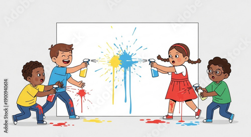 Children Spray Painting on White Canvas with Colorful Paint