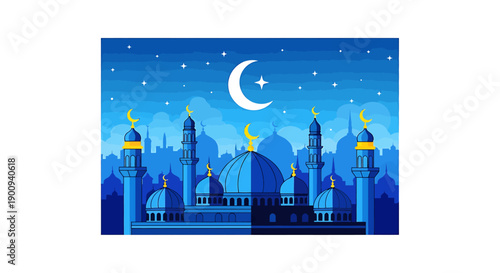 Beautiful islamic mosque vector illustration at night with crescent moon and stars, blue sky cityscape panorama during ramadan kareem celebration