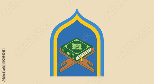 Holy quran book on rehal in traditional islamic arch frame, sacred scripture for muslim religion and culture with a vibrant, respectful design