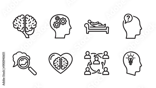 Psychology and Mental Health Icons: Brain, Therapy, Ideas, Magnifying Glass, Network