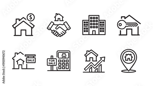 Real Estate Icons Set: House, Handshake, Buildings, Key, Sale Sign, Calculator, Graph, Map Pin
