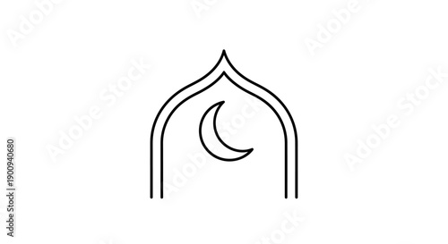 Islamic mosque arch or entryway with subtle crescent moon graphic, clean outline vector for religious and cultural branding, simple symbol