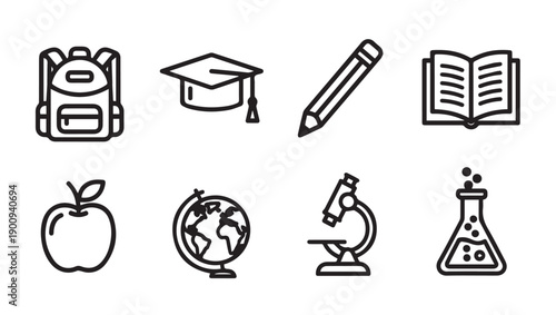 School Education Icons Set: Backpack, Graduation Cap, Pencil, Book, Globe, Microscope, Flask