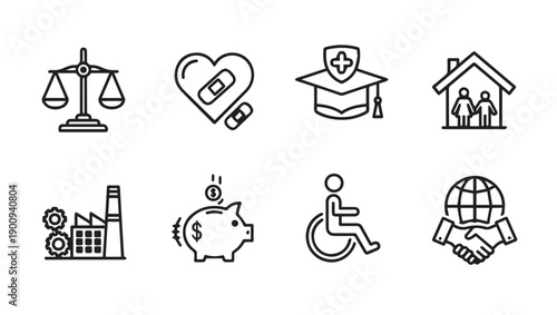 Set of 8 Icons: Justice, Health, Education, Housing, Industry, Finance, Disability, Global Cooperation