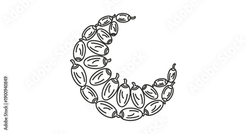 Crescent moon shape made from dates line art, symbol for ramadan, iftar, and islamic holidays, food and culture, muslim celebration greeting card