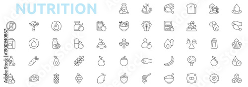Nutrition icon set outline style with carbohydrate, vegetable, water, protein, mineral, calories, sugar, metabolism, supplement, nutrition plan, healthy food icons