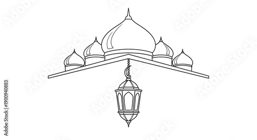 Mosque domes and lantern illustration, Islamic architecture icon, religious building symbol, Ramadan lantern, cultural emblem, traditional decoration