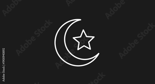 Islamic crescent moon and star symbol outline on black background, faith emblem, religious icon, celestial icon, midnight emblem, cultural symbol