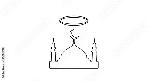 Mosque outline icon with halo and crescent moon, simple flat vector illustration representing islamic architecture and religious devotion, clean line art design