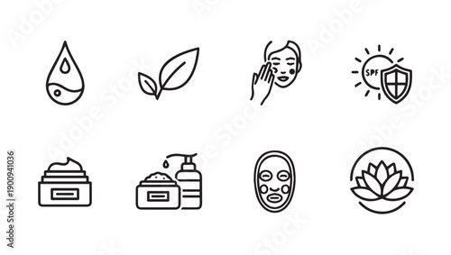 Skincare Icons Set: Drop, Leaf, Face Care, SPF, Cream, Lotion, Mask, Lotus Flower
