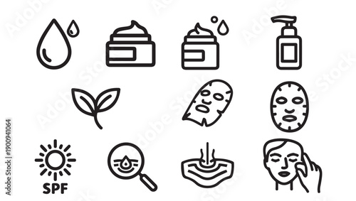 Skincare Icons Set: Droplets, Creams, Leaf, Sheet Mask, SPF, Magnifier, Skin Layer, Face Application