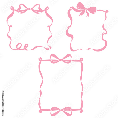 Cute pastel pink ribbon frames with bow accents illustrated in a simple flat vector style. Perfect for baby showers, birthday cards, feminine stationery, and social media designs.