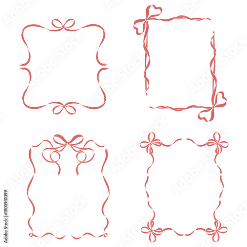 Collection of elegant red ribbon frames with decorative bows in a clean, flat vector illustration style. Ideal for cards, posters, packaging, and romantic themes.