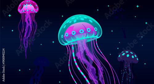 Vibrant Jellyfish Underwater Vector Illustration with Neon Glows and Deep Blue Background