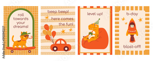 Kids birthday cards collection with skating cat, gaming dinosaur, rocket ship, toy car with balloons. Modern retro flat vector illustration set for party invitation, children nursery, print poster