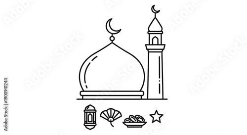 Islamic landscape with mosque dome minaret and traditional ramadan icons including lantern dates star and crescent moon for festive coloring activities and educational content