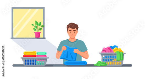 Vector illustration of a man folding laundry at home, domestic chores and tidiness concept