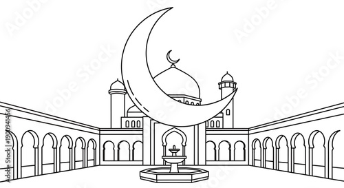 Islamic architecture courtyard with mosque fountain and large crescent moon symbol line art style for ramadan kareem celebration design wide perspective scenery on background