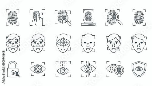 Biometric security facial recognition icons.