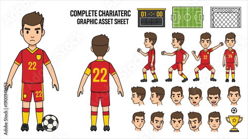 Soccer Player Character Vector. Animated male with multiple views, emotions, and poses.