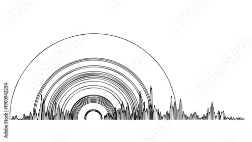 Monochrome abstract spiral of concentric rings with grass foreground in landscape.